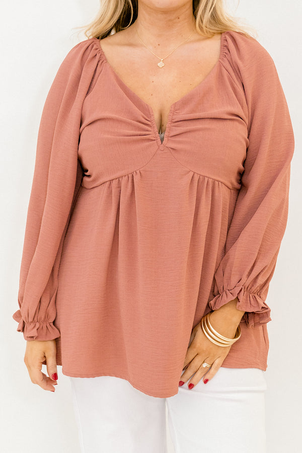 Chic Soul plus size clothing, dusty pink long balloon sleeve baby doll top with deep v-neckline