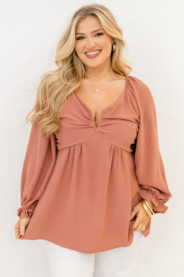 Chic Soul plus size clothing, dusty pink long balloon sleeve baby doll top with deep v-neckline