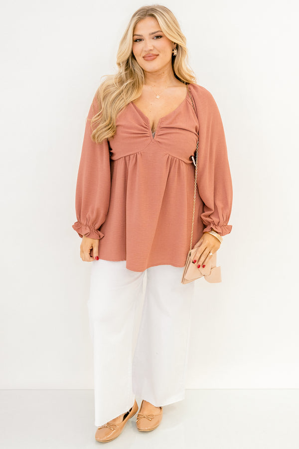Chic Soul plus size clothing, dusty pink long balloon sleeve baby doll top with deep v-neckline