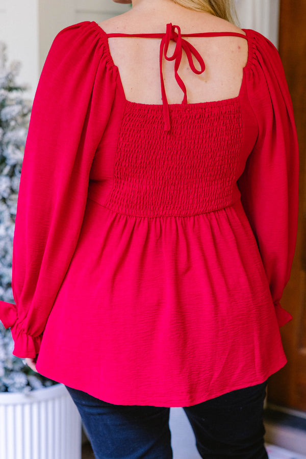 Chic Soul plus size clothing, red long sleeve flowy blouse with ruffle sleeve and v neckline 