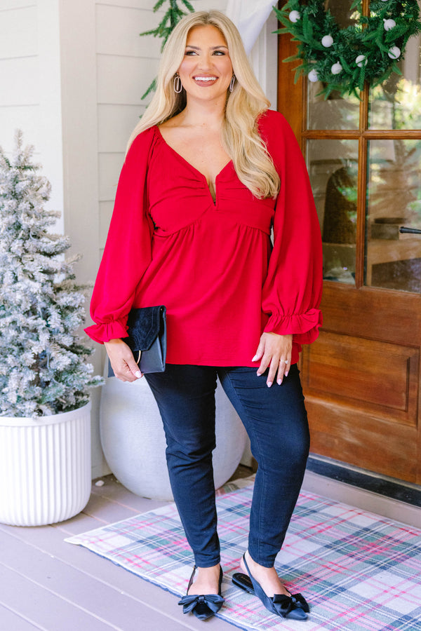 Chic Soul plus size clothing, red long sleeve flowy blouse with ruffle sleeve and v neckline 