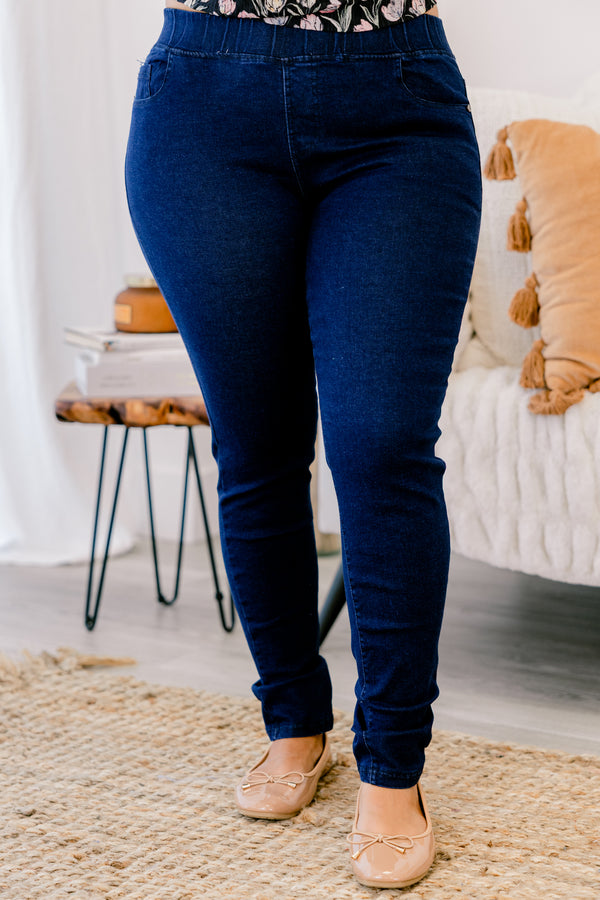 Chic Soul plus size clothing, dark wash denim jeggings with elastic waistband and a skinny jean fit. 