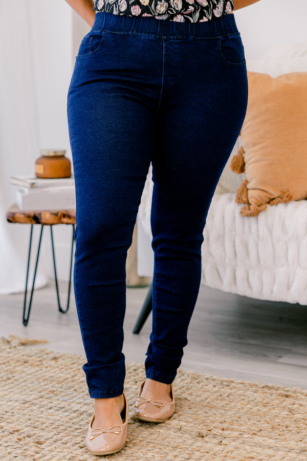Chic Soul plus size clothing, dark wash denim jeggings with elastic waistband and a skinny jean fit. 
