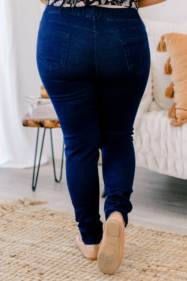 Chic Soul plus size clothing, dark wash denim jeggings with elastic waistband and a skinny jean fit. 