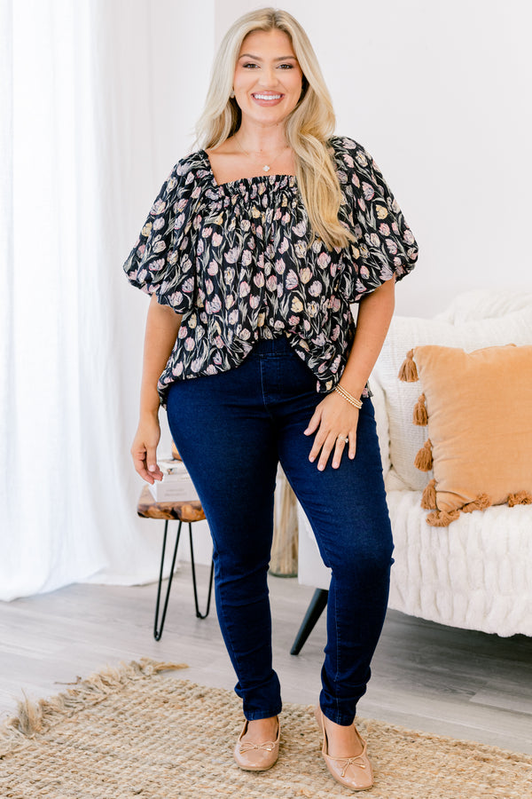 Chic Soul plus size clothing, dark wash denim jeggings with elastic waistband and a skinny jean fit. 