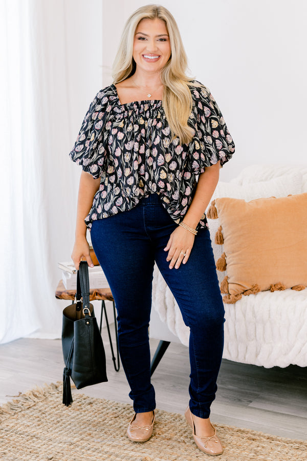 Chic Soul plus size clothing, dark wash denim jeggings with elastic waistband and a skinny jean fit. 