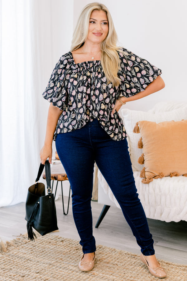 Chic Soul plus size clothing, dark wash denim jeggings with elastic waistband and a skinny jean fit. 