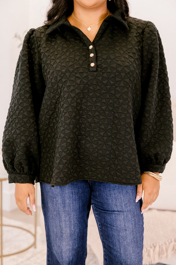 Chic Soul plus size clothing, long sleeve black top with textured fabric, v-neckline with a trio of gold buttons