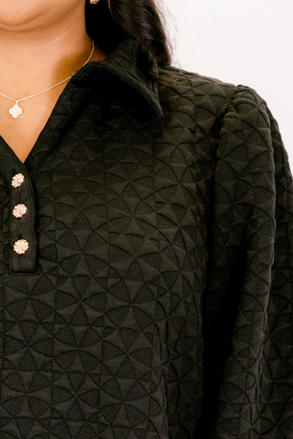 Chic Soul plus size clothing, long sleeve black top with textured fabric, v-neckline with a trio of gold buttons