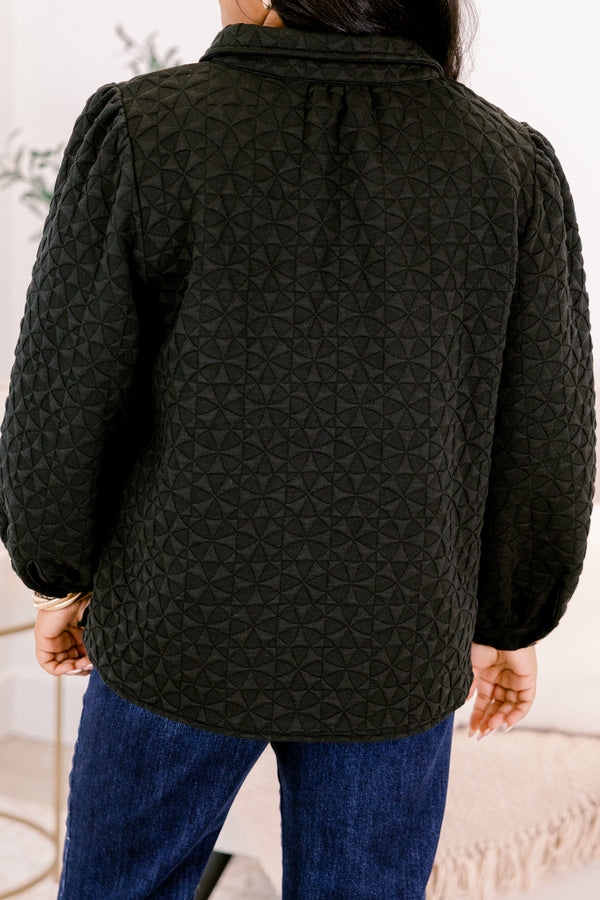 Chic Soul plus size clothing, long sleeve black top with textured fabric, v-neckline with a trio of gold buttons