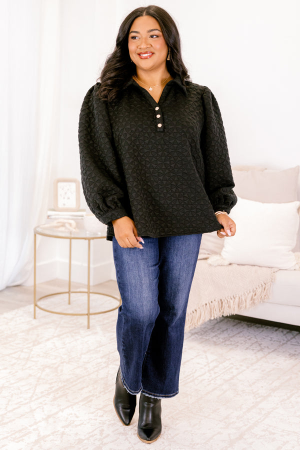 Chic Soul plus size clothing, long sleeve black top with textured fabric, v-neckline with a trio of gold buttons
