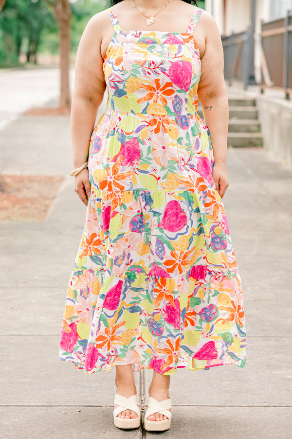 Chic Soul plus size clothing, sleeveless flowy ruffled maxi dress with high-neckline with fruit medley color and pattern