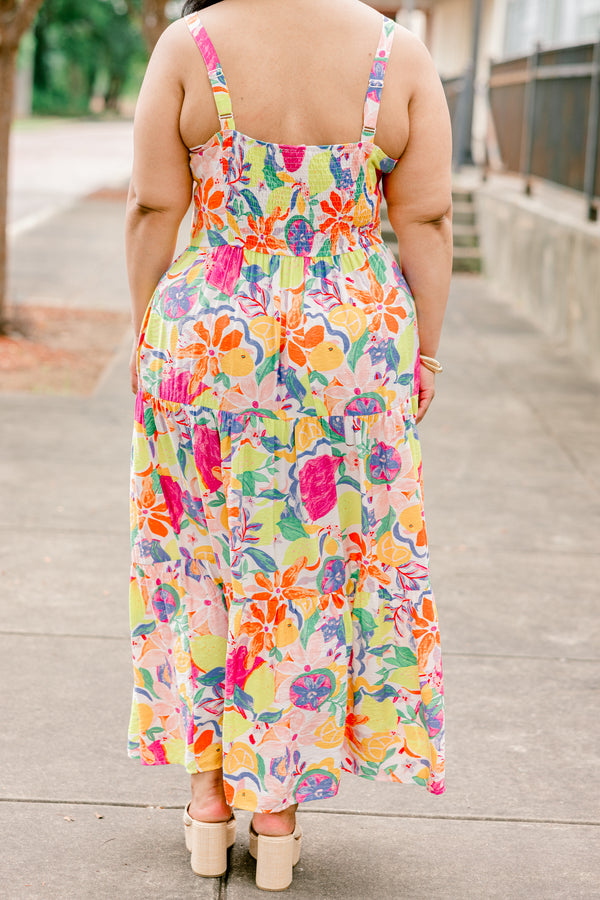 Chic Soul plus size clothing, sleeveless flowy ruffled maxi dress with high-neckline with fruit medley color and pattern