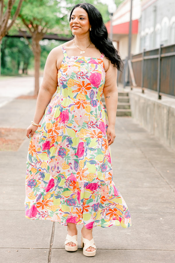Chic Soul plus size clothing, sleeveless flowy ruffled maxi dress with high-neckline with fruit medley color and pattern