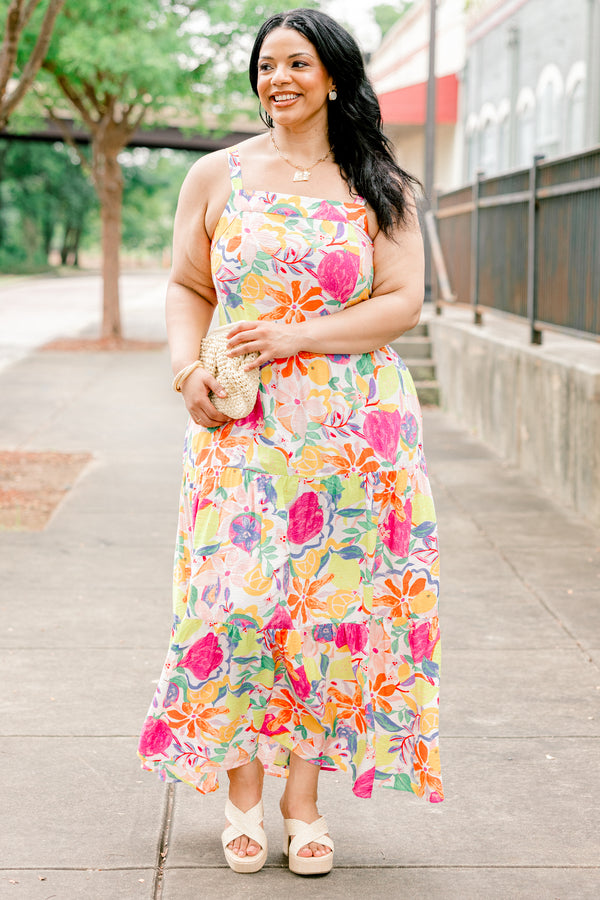 Chic Soul plus size clothing, sleeveless flowy ruffled maxi dress with high-neckline with fruit medley color and pattern