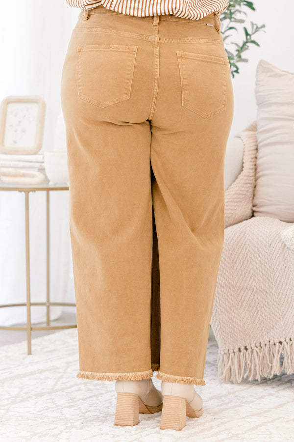 Chic Soul plus size clothing, tan flare wide leg jeans with slightly frayed hem