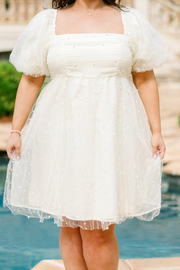 Chic Soul plus size clothing,  short-sleeve cream puffed baby doll dress with square neckline and puffed sleeves with pearls spotted across the dress