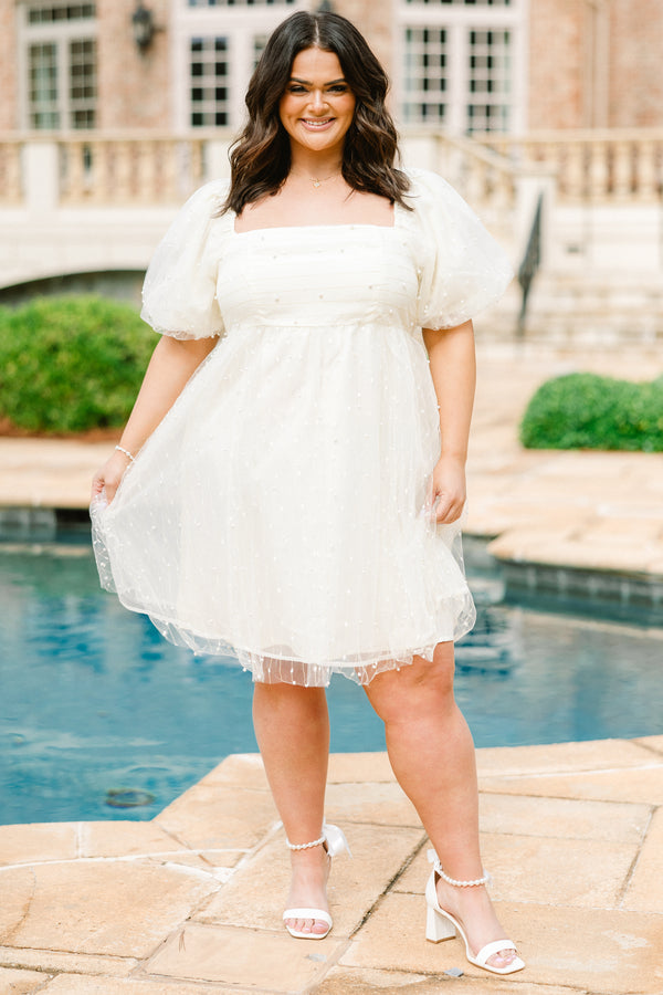 Chic Soul plus size clothing,  short-sleeve cream puffed baby doll dress with square neckline and puffed sleeves with pearls spotted across the dress
