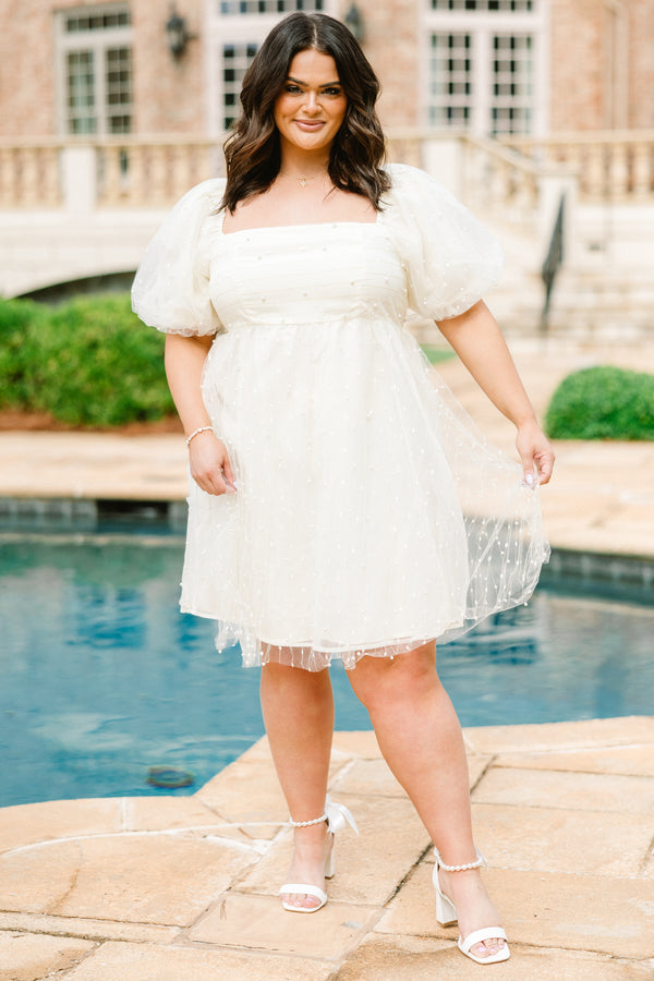 Chic Soul plus size clothing,  short-sleeve cream puffed baby doll dress with square neckline and puffed sleeves with pearls spotted across the dress