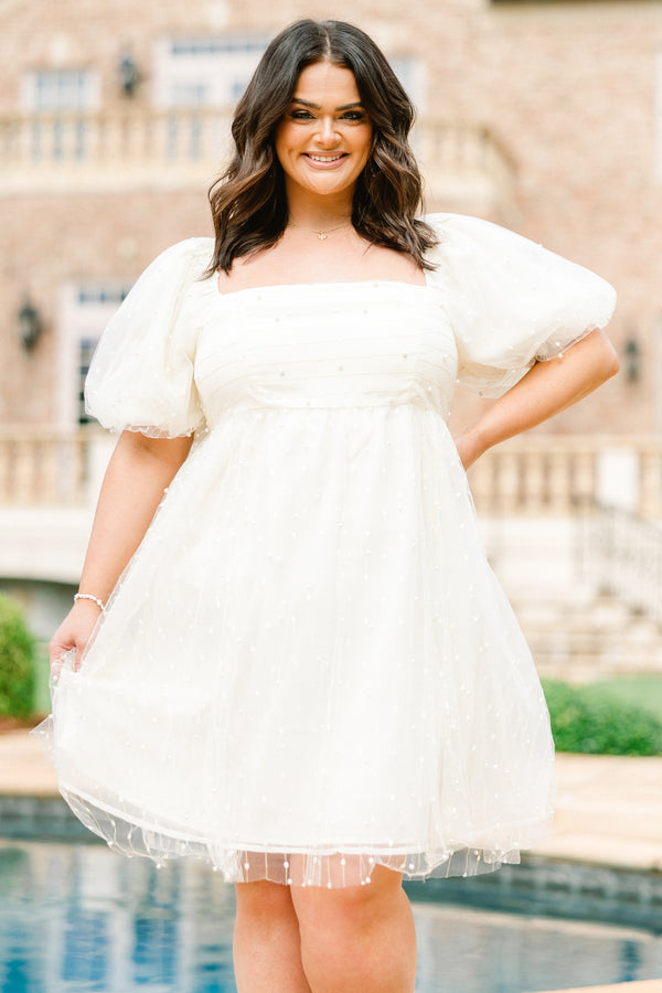 Chic Soul plus size clothing,  short-sleeve cream puffed baby doll dress with square neckline and puffed sleeves with pearls spotted across the dress