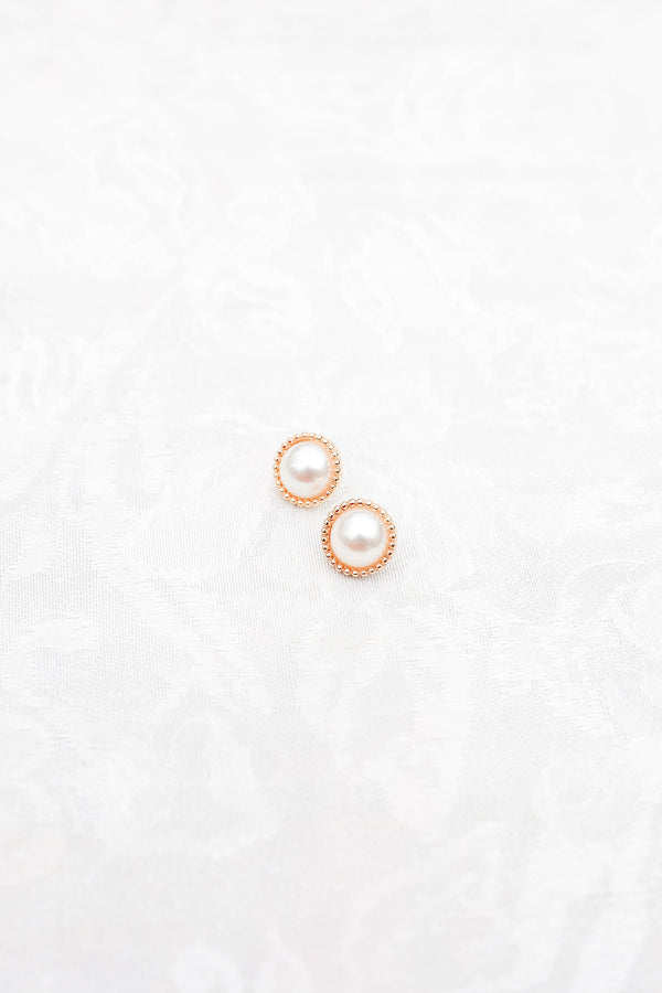 Chic Soul plus size clothing, pearl stud earrings with a gold textured rim around the outside of the of the pearl 