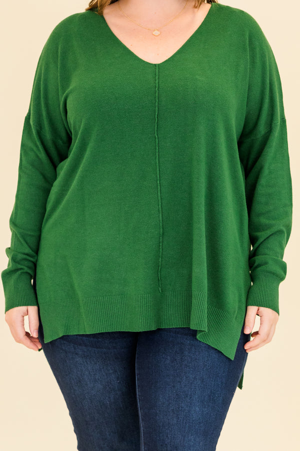 Chic Soul plus size clothing, heather dark green long sleeve knit sweater with v neckline with outer stitch center detail and cuff sleeves
