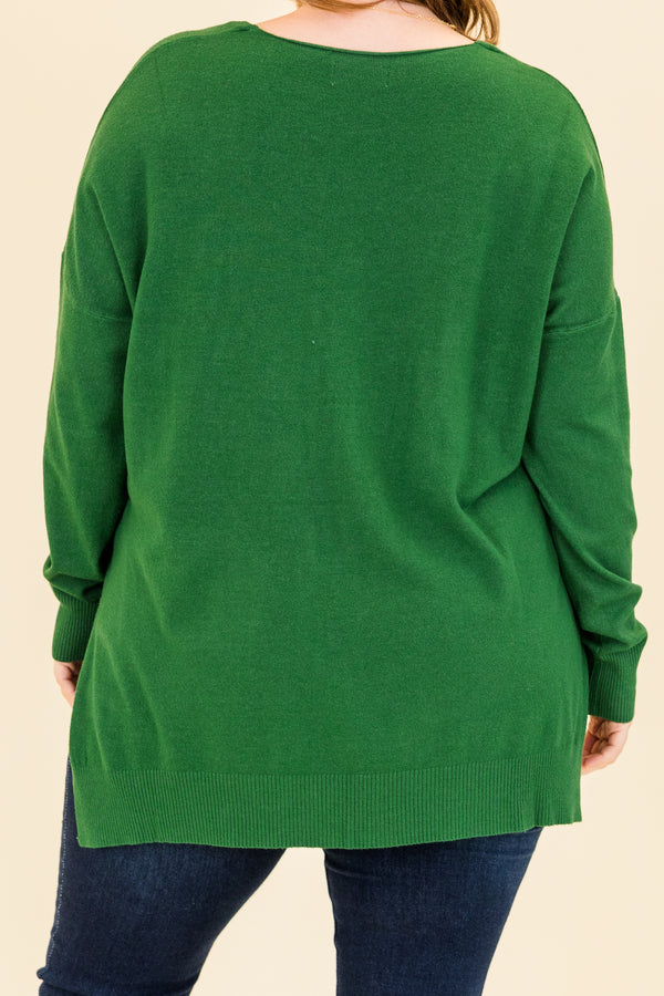 Chic Soul plus size clothing, heather dark green long sleeve knit sweater with v neckline with outer stitch center detail and cuff sleeves