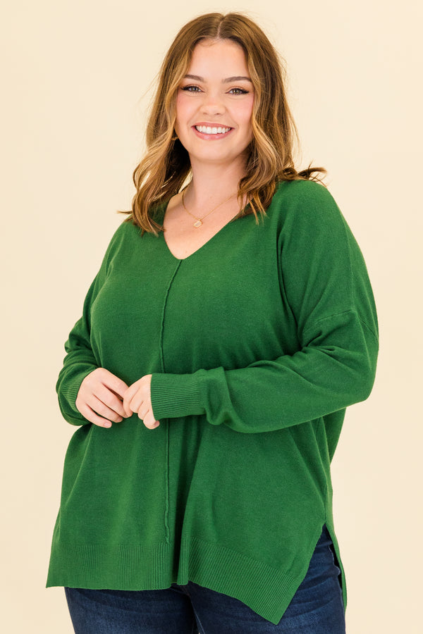 Chic Soul plus size clothing, heather dark green long sleeve knit sweater with v neckline with outer stitch center detail and cuff sleeves