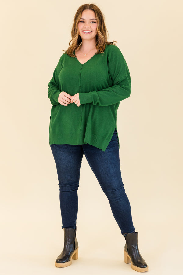 Chic Soul plus size clothing, heather dark green long sleeve knit sweater with v neckline with outer stitch center detail and cuff sleeves