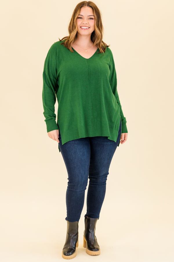 Chic Soul plus size clothing, heather dark green long sleeve knit sweater with v neckline with outer stitch center detail and cuff sleeves