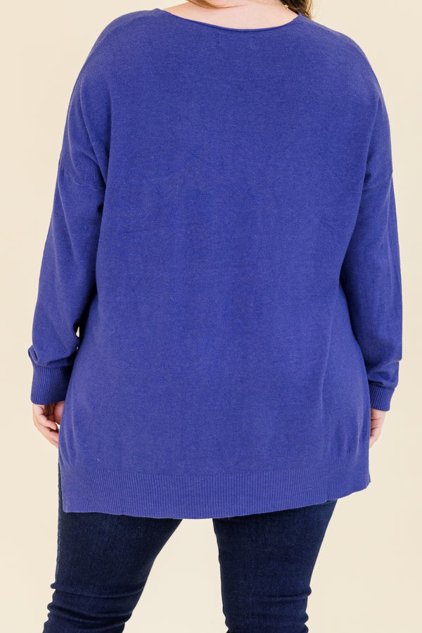 Chic Soul plus size clothing, heather marlin blue long sleeve knit sweater with cuff sleeves and slits on each side with v neckline and outer stitch detail along center