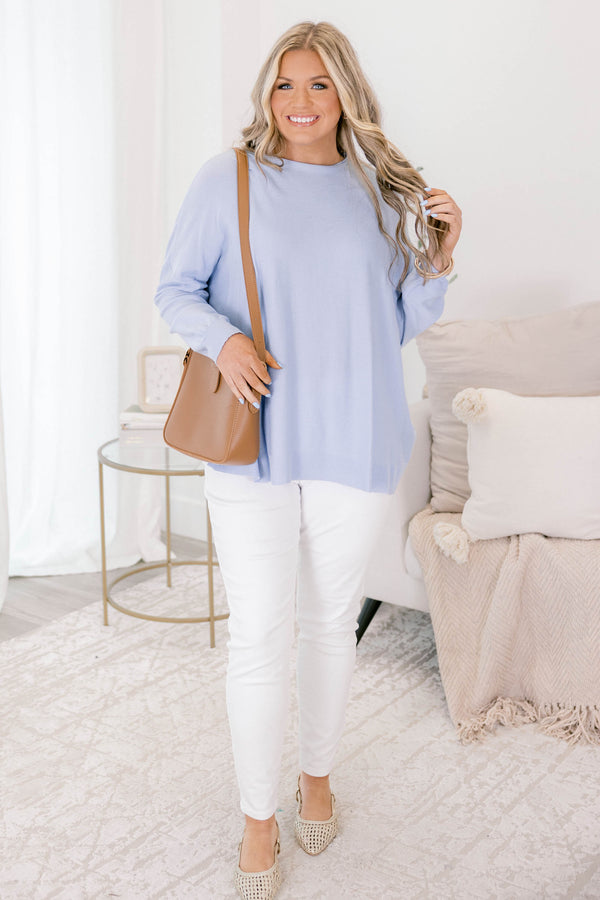 Chic Soul plus size clothing, Blue high neck sweater with long sleeves   