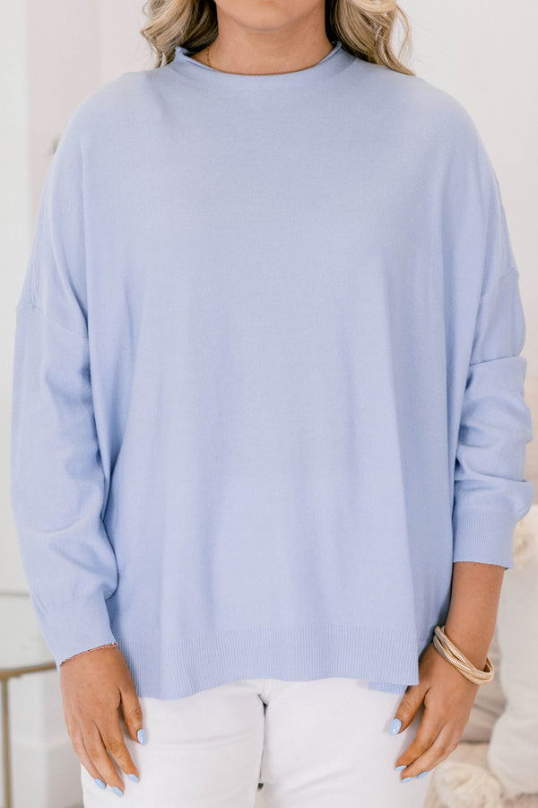 Chic Soul plus size clothing, Blue high neck sweater with long sleeves   