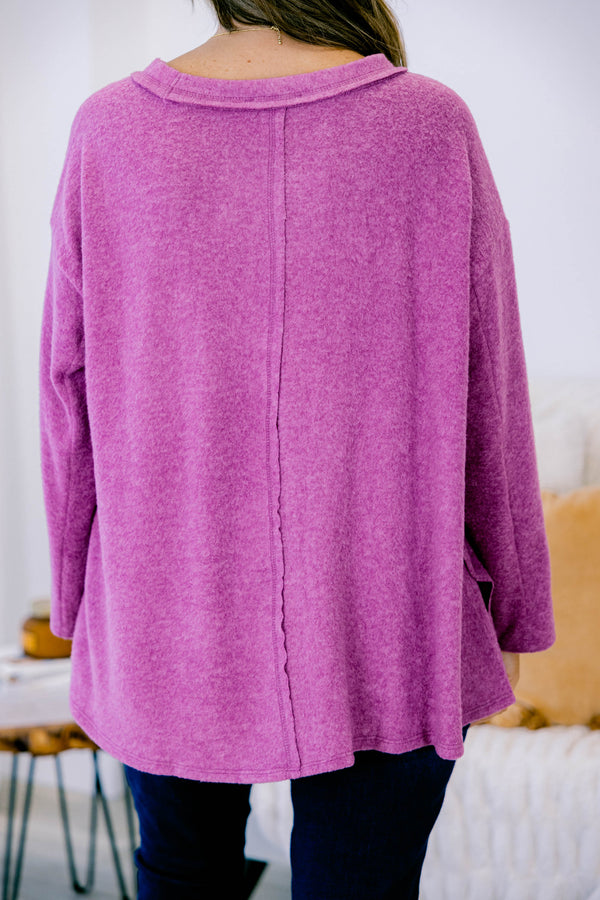 Chic Soul Plus size clothing, light plum colored sweater  with long sleeves and stitching details down the center of the shirt and the the sleeves 
