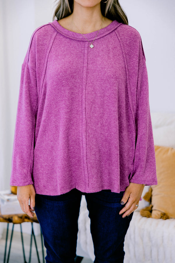 Chic Soul Plus size clothing, light plum colored sweater  with long sleeves and stitching details down the center of the shirt and the the sleeves 
