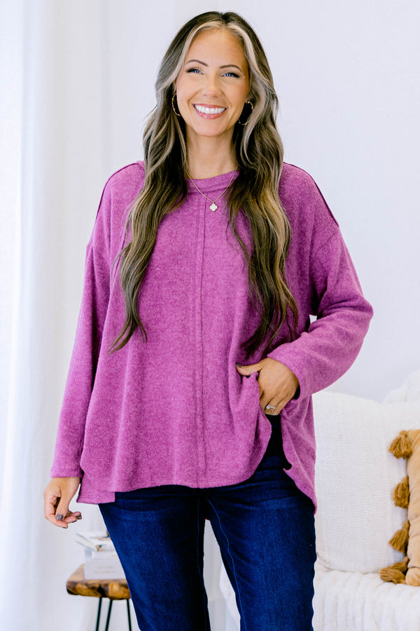 Chic Soul Plus size clothing, light plum colored sweater  with long sleeves and stitching details down the center of the shirt and the the sleeves 