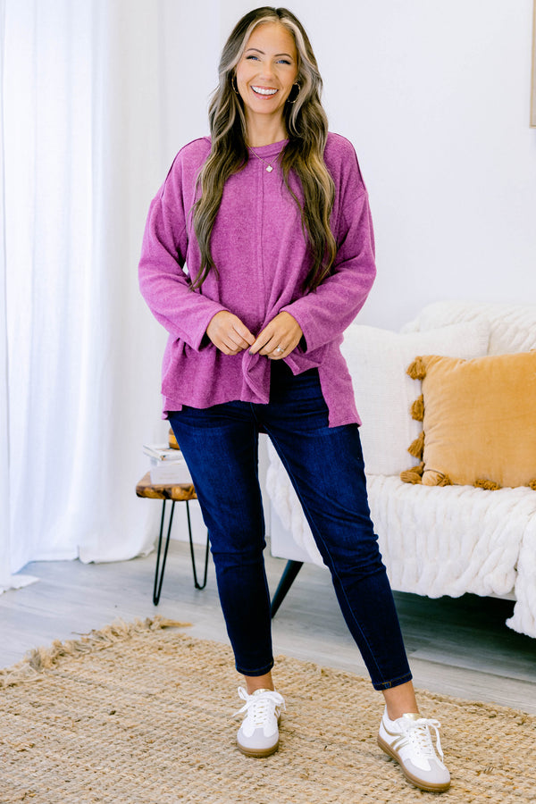Chic Soul Plus size clothing, light plum colored sweater  with long sleeves and stitching details down the center of the shirt and the the sleeves 