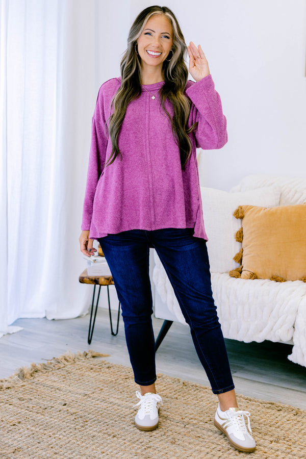 Chic Soul Plus size clothing, light plum colored sweater  with long sleeves and stitching details down the center of the shirt and the the sleeves 