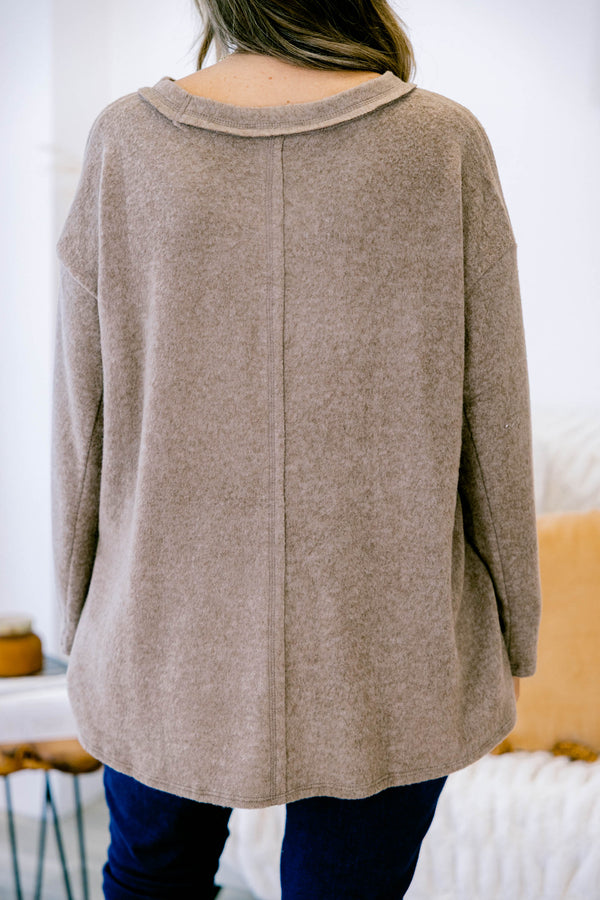 Chic Soul plus size clothing, mocha casual long sleeve top with stitching details on the shoulders 