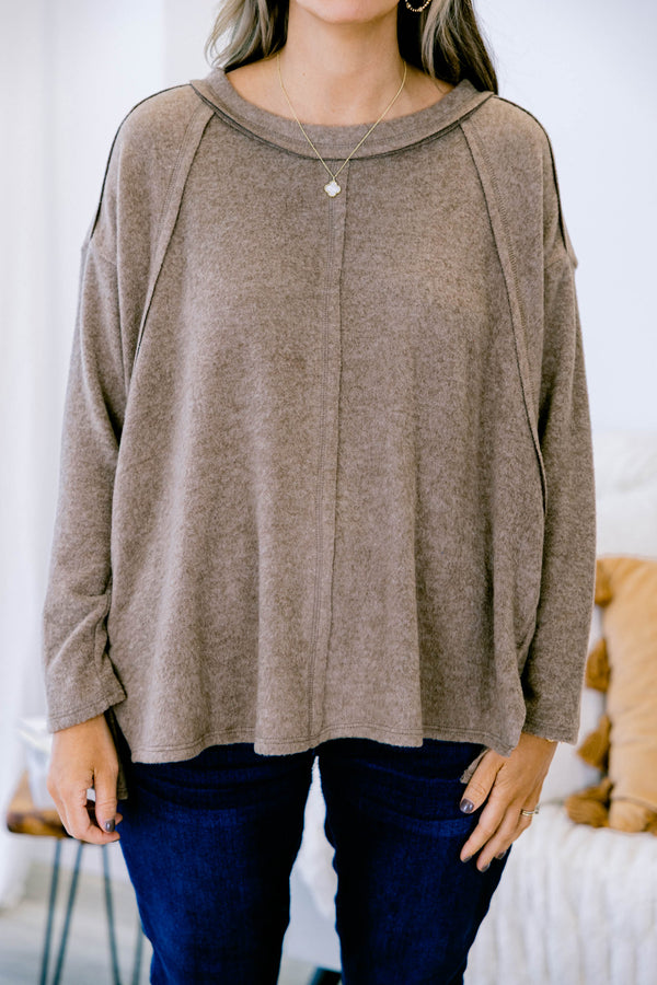 Chic Soul plus size clothing, mocha casual long sleeve top with stitching details on the shoulders 