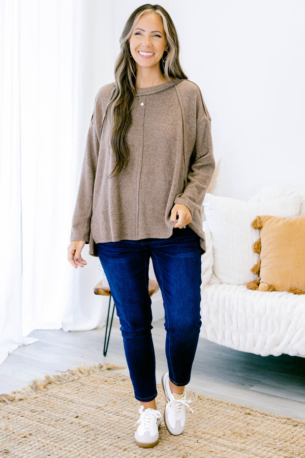 Chic Soul plus size clothing, mocha casual long sleeve top with stitching details on the shoulders 