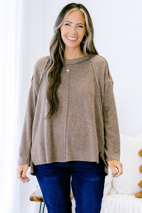 Chic Soul plus size clothing, mocha casual long sleeve top with stitching details on the shoulders 