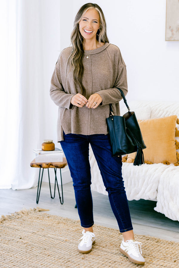 Chic Soul plus size clothing, mocha casual long sleeve top with stitching details on the shoulders 