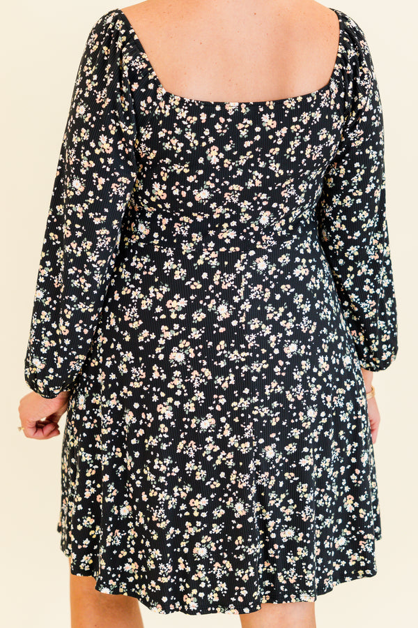 quarter-bubble-sleeve black dress with sweetheart-neckline and multi-colored subtle floral pattern detailing