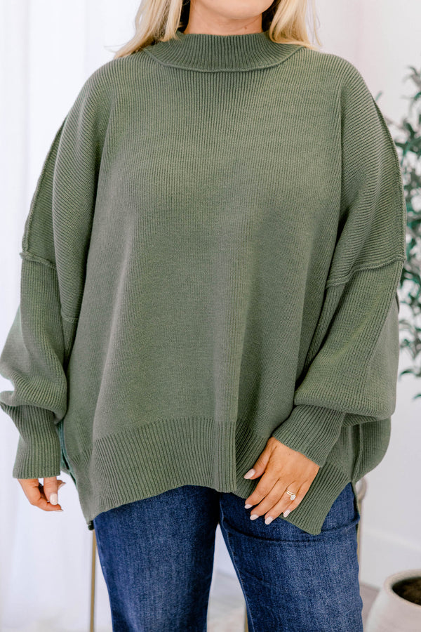 Chic Soul plus size clothing, light olive puff sleeve oversized fit mock neck sweater