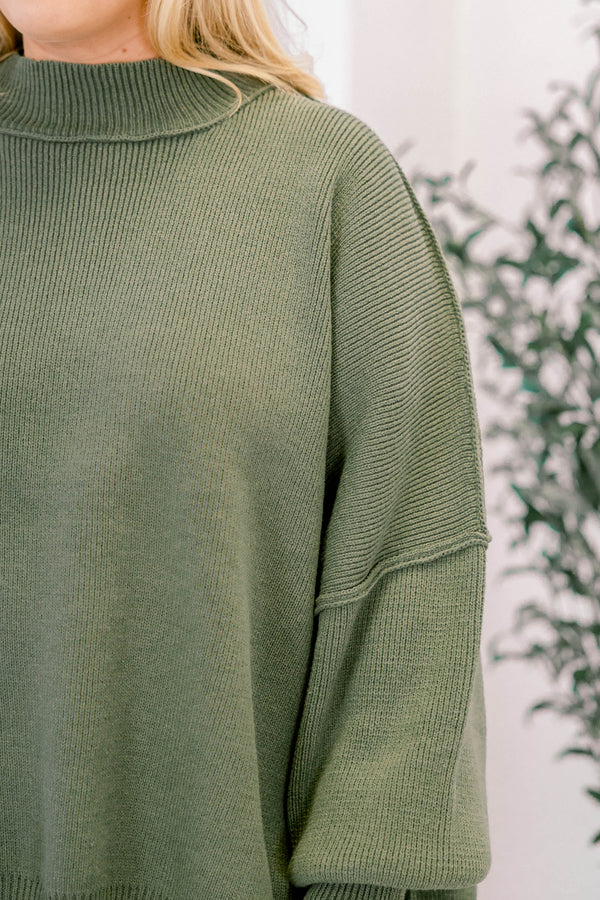 Chic Soul plus size clothing, light olive puff sleeve oversized fit mock neck sweater