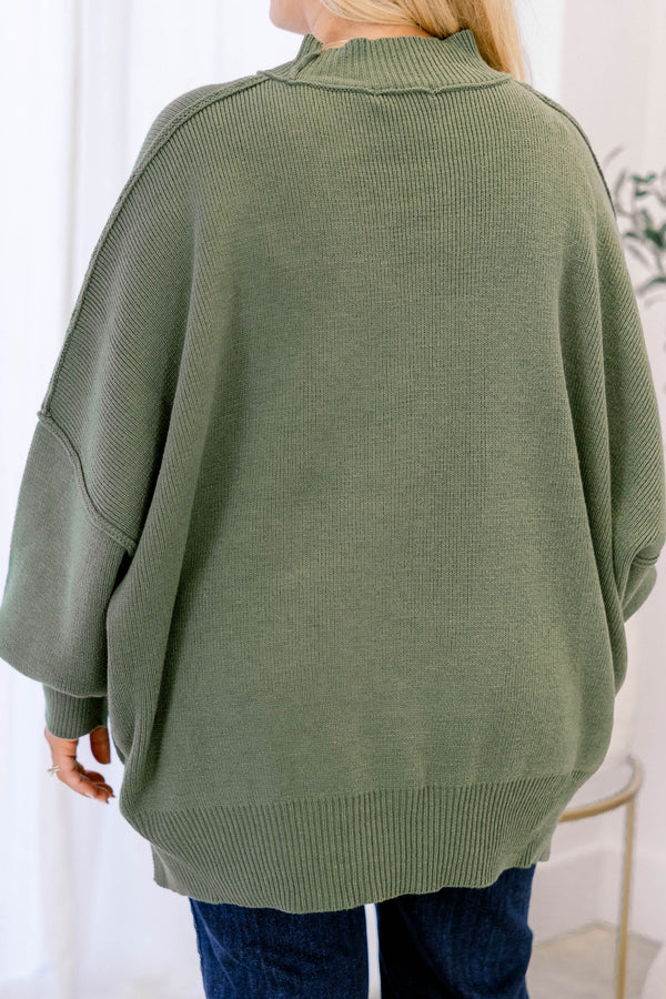 Chic Soul plus size clothing, light olive puff sleeve oversized fit mock neck sweater