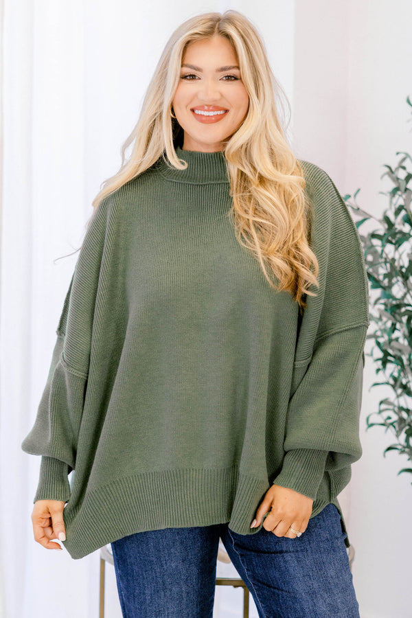Chic Soul plus size clothing, light olive puff sleeve oversized fit mock neck sweater
