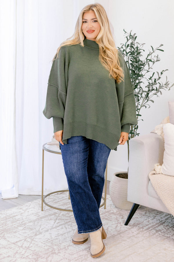 Chic Soul plus size clothing, light olive puff sleeve oversized fit mock neck sweater