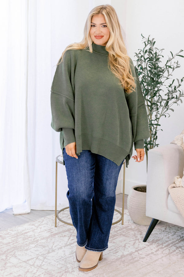 Chic Soul plus size clothing, light olive puff sleeve oversized fit mock neck sweater